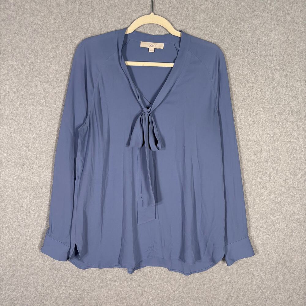 Loft Blouse Medium Blue Neck Tie Flowy Feminine Quiet Royal Glam Career Church